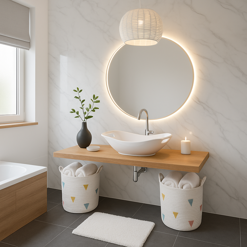Minimalist bathroom in white and gray tones