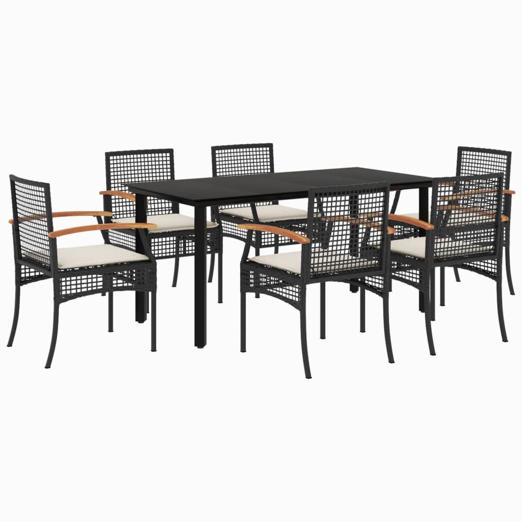vidaXL 7 Piece Patio Dining Set with Cushions Black Poly Rattan