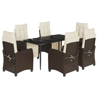 vidaXL 7 Piece Garden Dining Set with Cushions Brown Poly Rattan