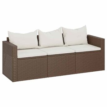 vidaXL 3-Seater Patio Sofa with Cushions Brown Poly Rattan
