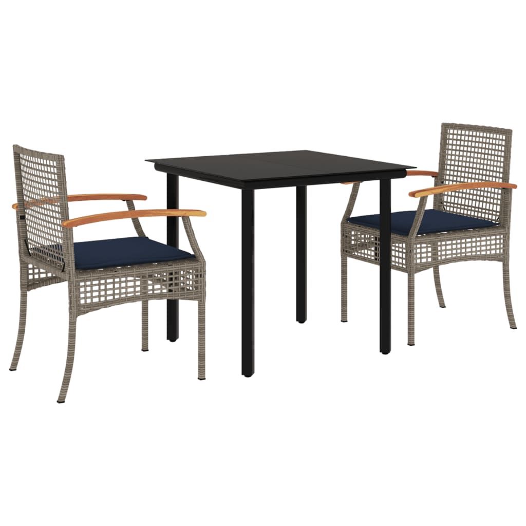 vidaXL 3 Piece Patio Dining Set with Cushions Gray Poly Rattan