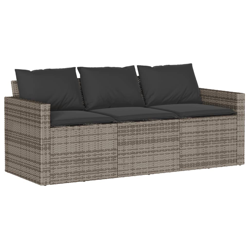 vidaXL Patio Sofa with Cushions 3-Seater Gray Poly Rattan