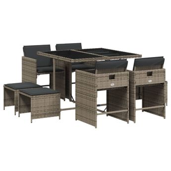 vidaXL 9 Piece Patio Dining Set with Cushions Gray Poly Rattan