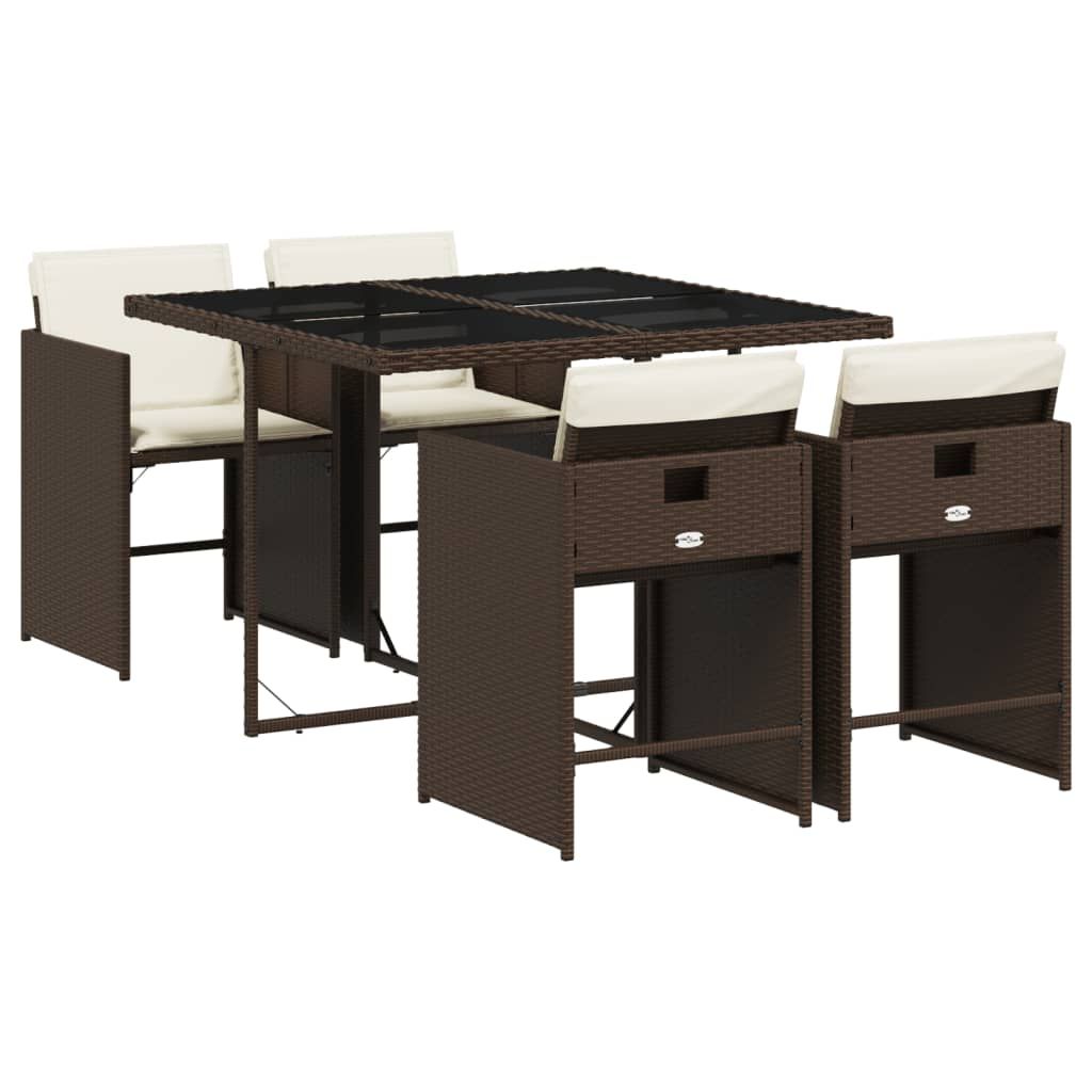 vidaXL 5 Piece Patio Dining Set with Cushions Brown Poly Rattan