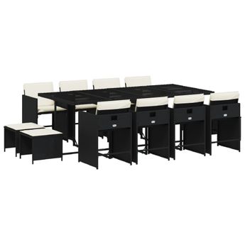 vidaXL 13 Piece Patio Dining Set with Cushions Black Poly Rattan