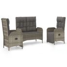 vidaXL 3 Piece Garden Dining Set with Cushions Grey Poly Rattan