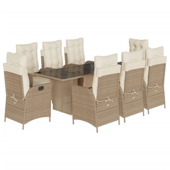 vidaXL 9 Piece Garden Dining Set with Cushions Beige Poly Rattan