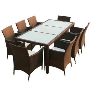 vidaXL 9 Piece Patio Dining Set with Cushions Poly Rattan Brown