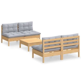 vidaXL 5 Piece Garden Lounge Set with Grey Cushions Pinewood