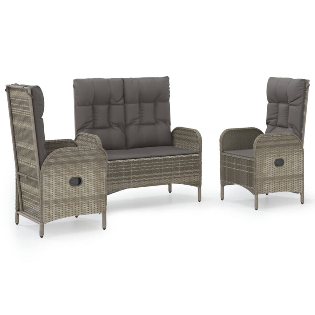 vidaXL 3 Piece Garden Dining Set with Cushions Grey Poly Rattan