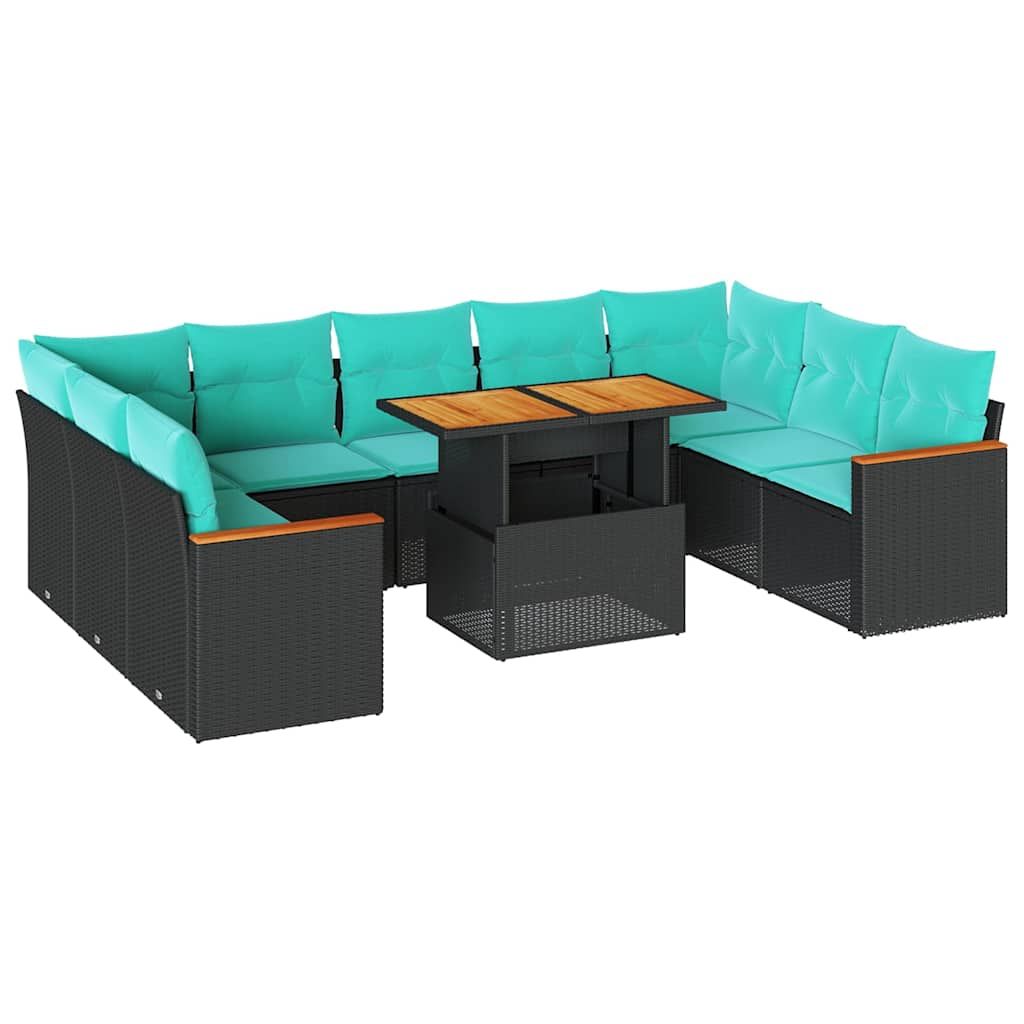 vidaXL 10 Piece Garden Sofa Set with Cushions Black Poly Rattan