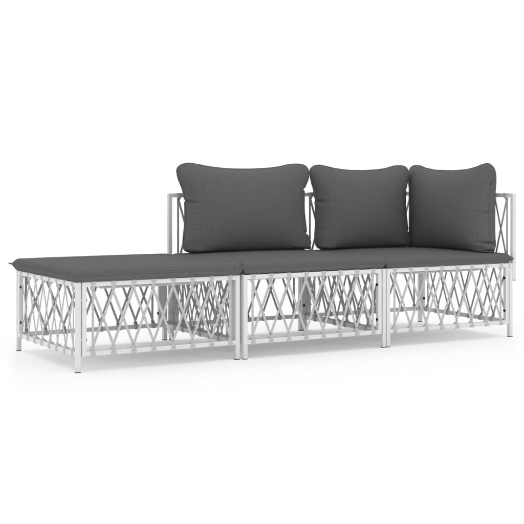 vidaXL 3 Piece Patio Lounge Set with Cushions White Steel