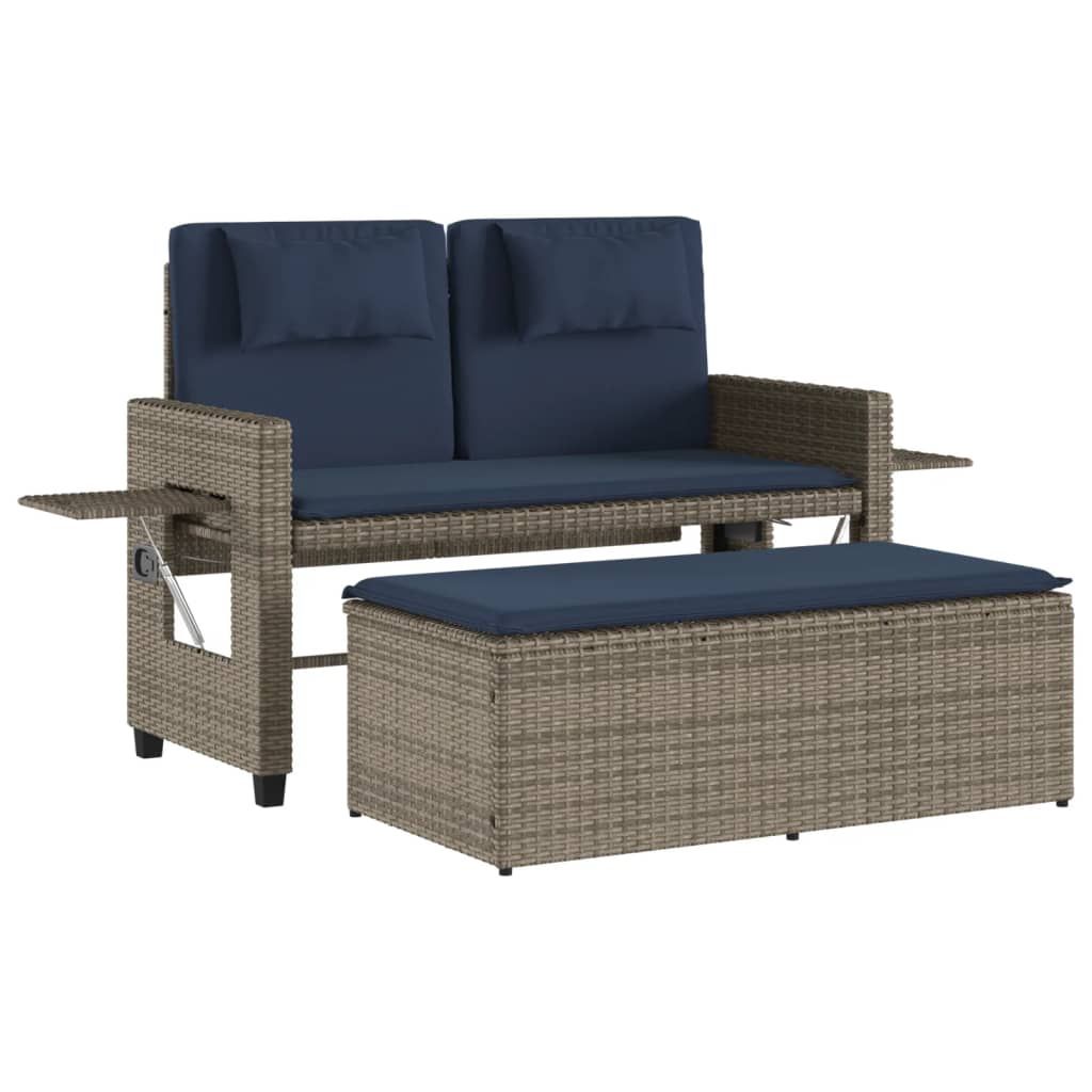 vidaXL Reclining Patio Bench with Cushions Gray Poly Rattan
