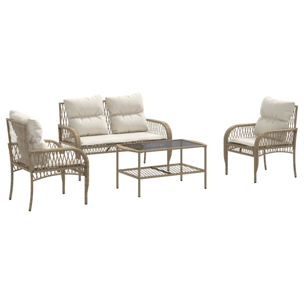 vidaXL 4 Piece Patio Sofa Set with Cushions Beige Poly Rattan