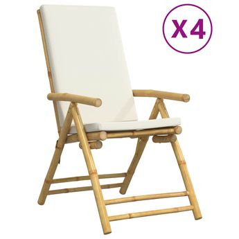 vidaXL 4 Piece Folding Patio Reclining Chairs with Cream White Cushions Bamboo