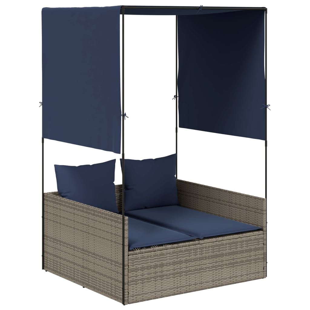vidaXL Double Sun Lounger with Roof and Curtains Grey Poly Rattan