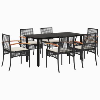 vidaXL 7 Piece Patio Dining Set with Cushions Black Poly Rattan