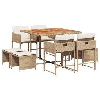 vidaXL 9 Piece Patio Dining Set with Cushions Beige Poly Rattan