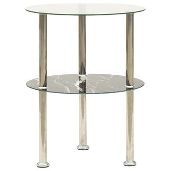 vidaXL 2-Tier Side Table Transparent & Black Marble 15" Tempered Glass