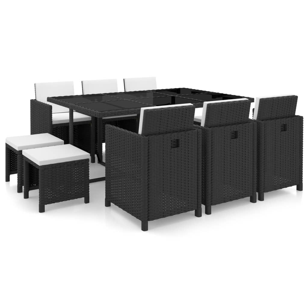 vidaXL 11 Piece Patio Dining Set with Cushions Poly Rattan Black