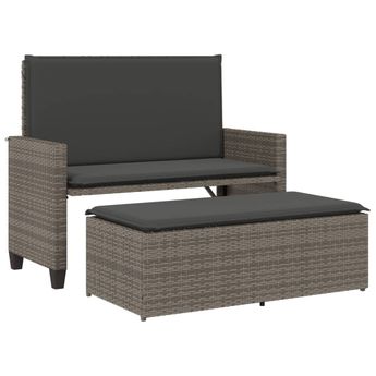 vidaXL Patio Bench with Cushions and Footstool Gray Poly Rattan