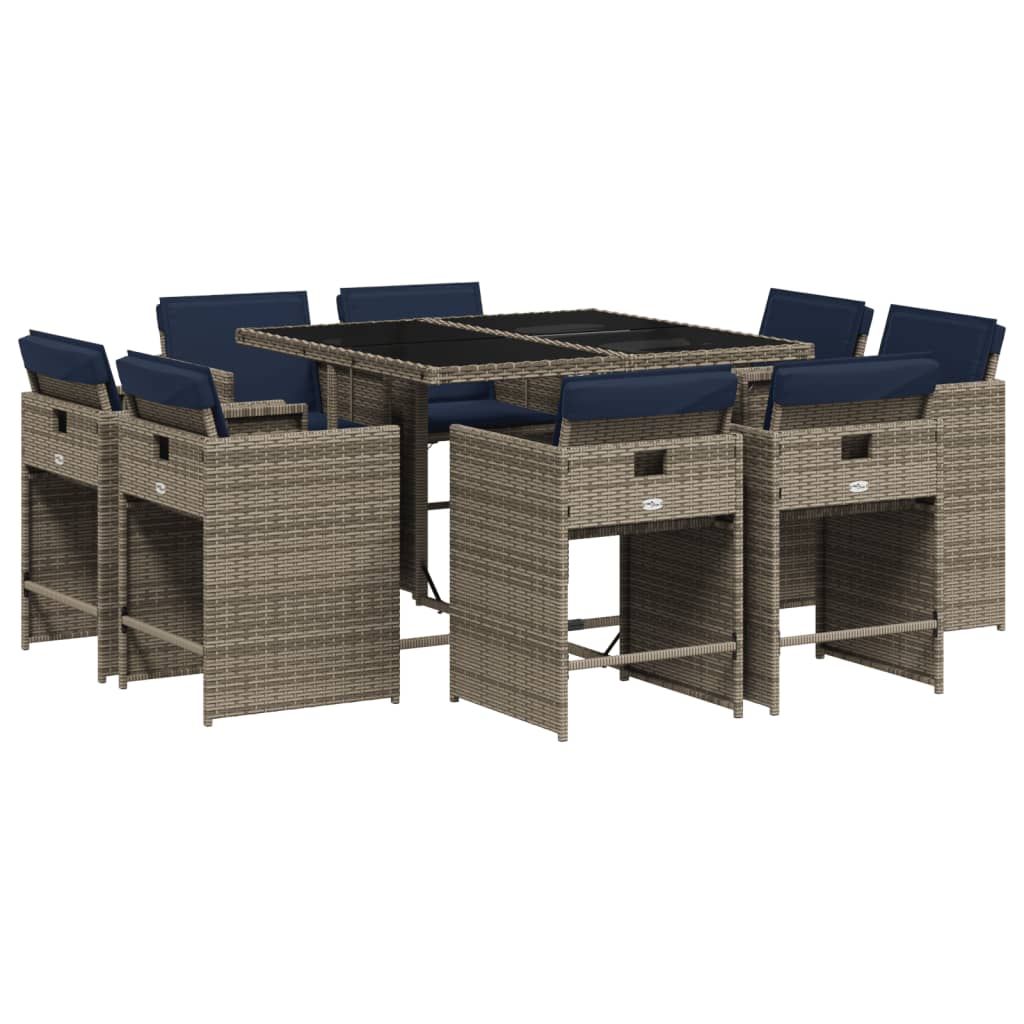 vidaXL 9 Piece Garden Dining Set with Cushions Grey Poly Rattan