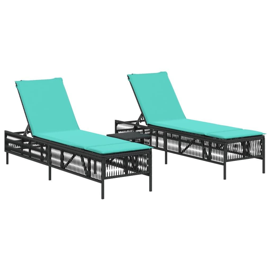 vidaXL Sun Loungers 2 pcs with Table Black Poly Rattan