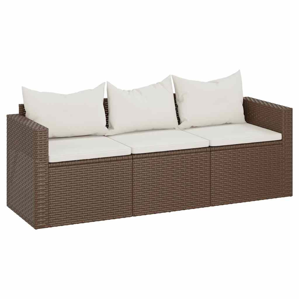 vidaXL 3-Seater Patio Sofa with Cushions Brown Poly Rattan