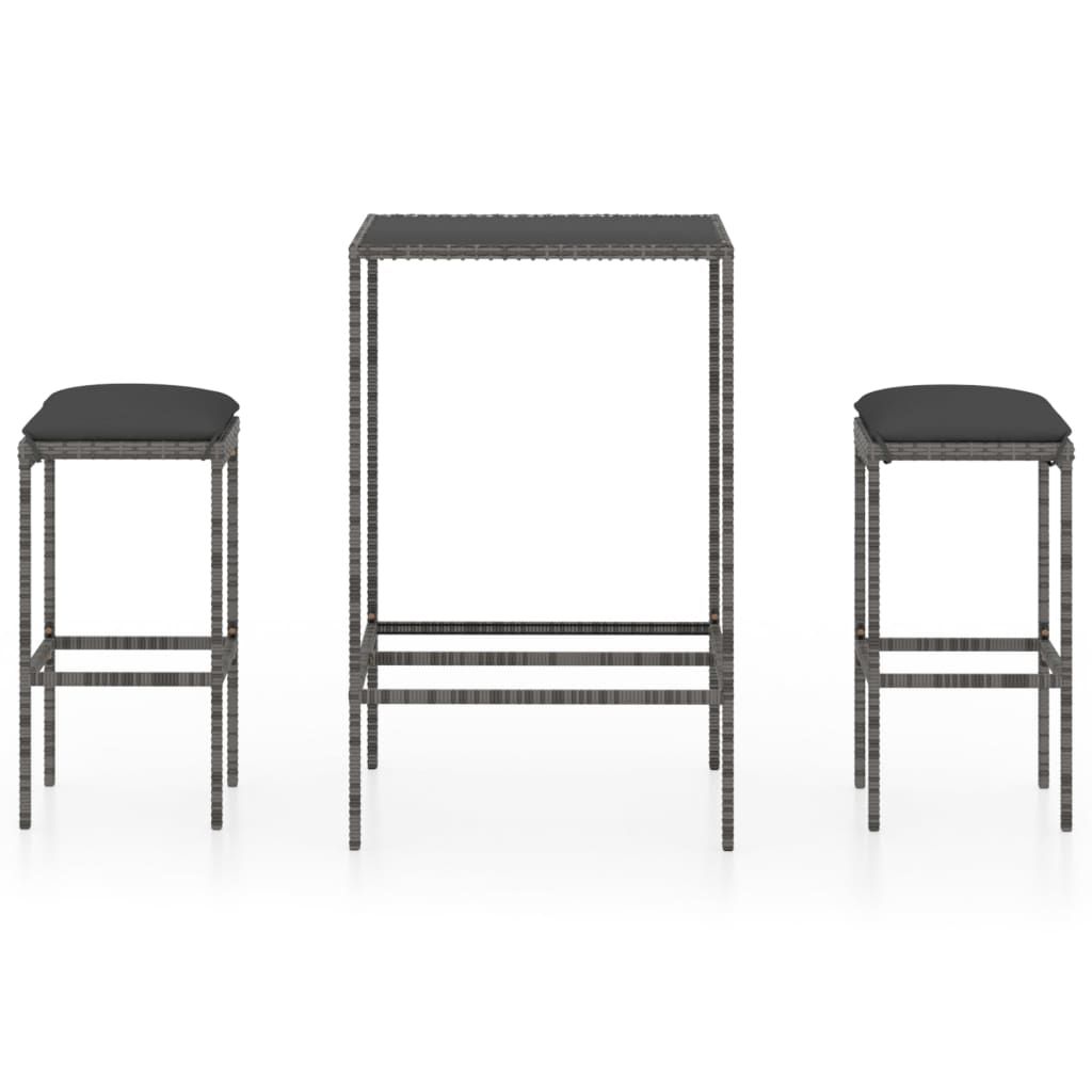 vidaXL 3 Piece Patio Bar Set with Cushions Poly Rattan Gray