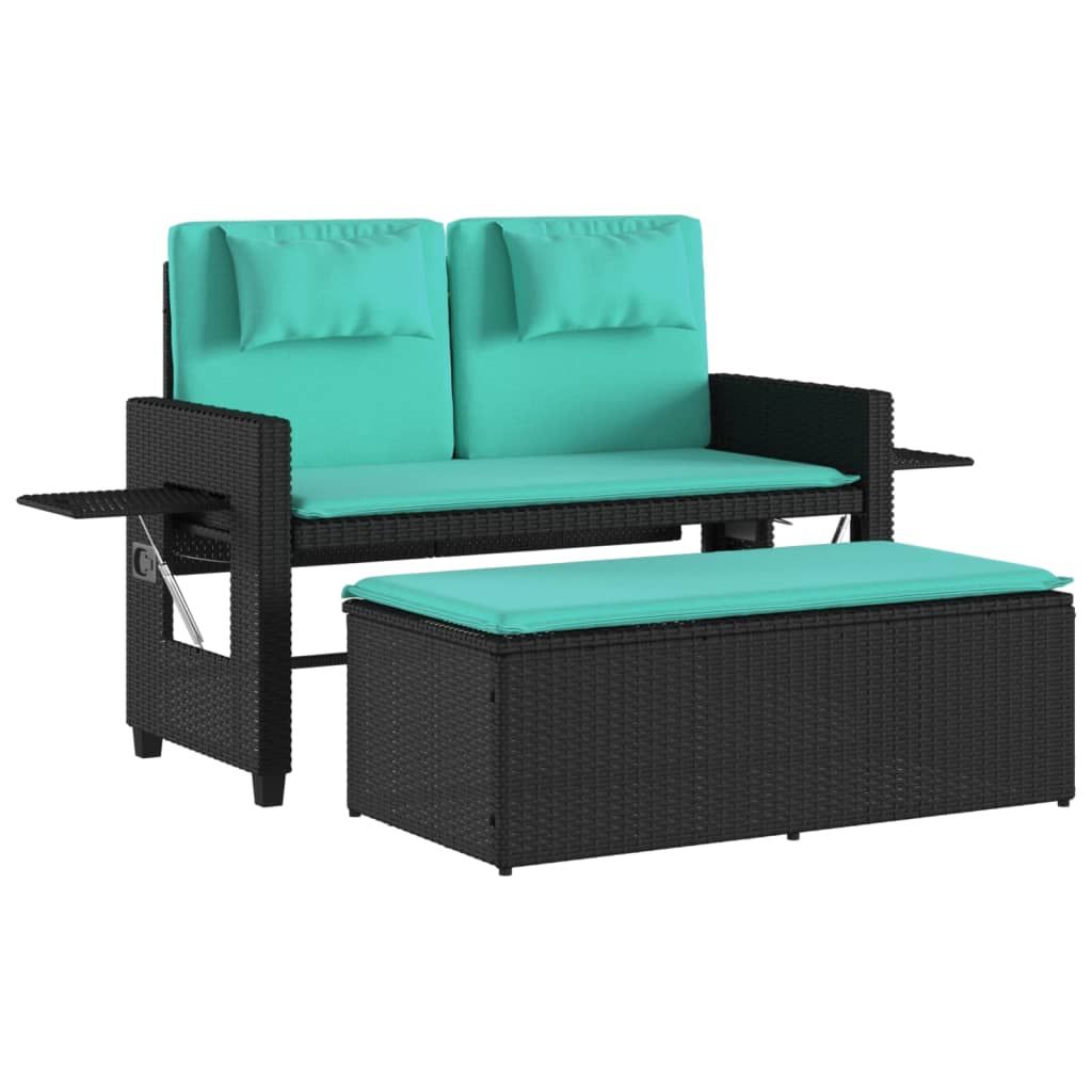 vidaXL Reclining Patio Bench with Cushions Black Poly Rattan