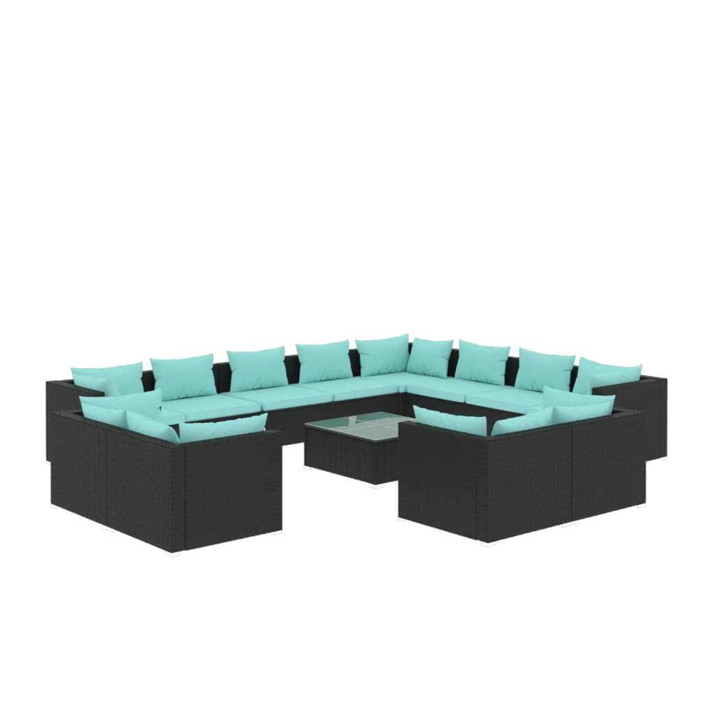 vidaXL 13 Piece Patio Lounge Set with Cushions Black Poly Rattan