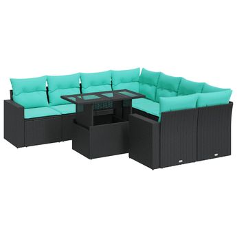 vidaXL 9 Piece Garden Sofa Set with Cushions Black Poly Rattan Acacia