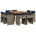 vidaXL 9 Piece Garden Dining Set with Cushions Grey Poly Rattan