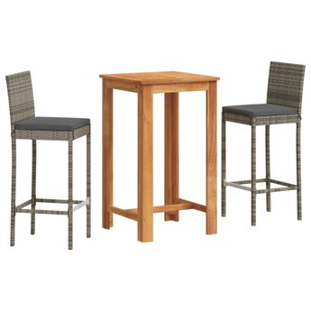 vidaXL 3 Piece Patio Bar Set Gray Solid Wood Acacia and Poly Rattan