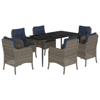 vidaXL 7 Piece Garden Dining Set with Cushions Grey Poly Rattan
