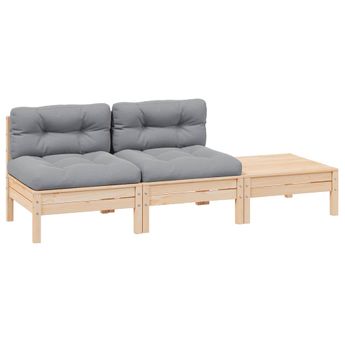 vidaXL 3 Piece Garden Lounge Set with Grey Cushions Solid Wood Pine