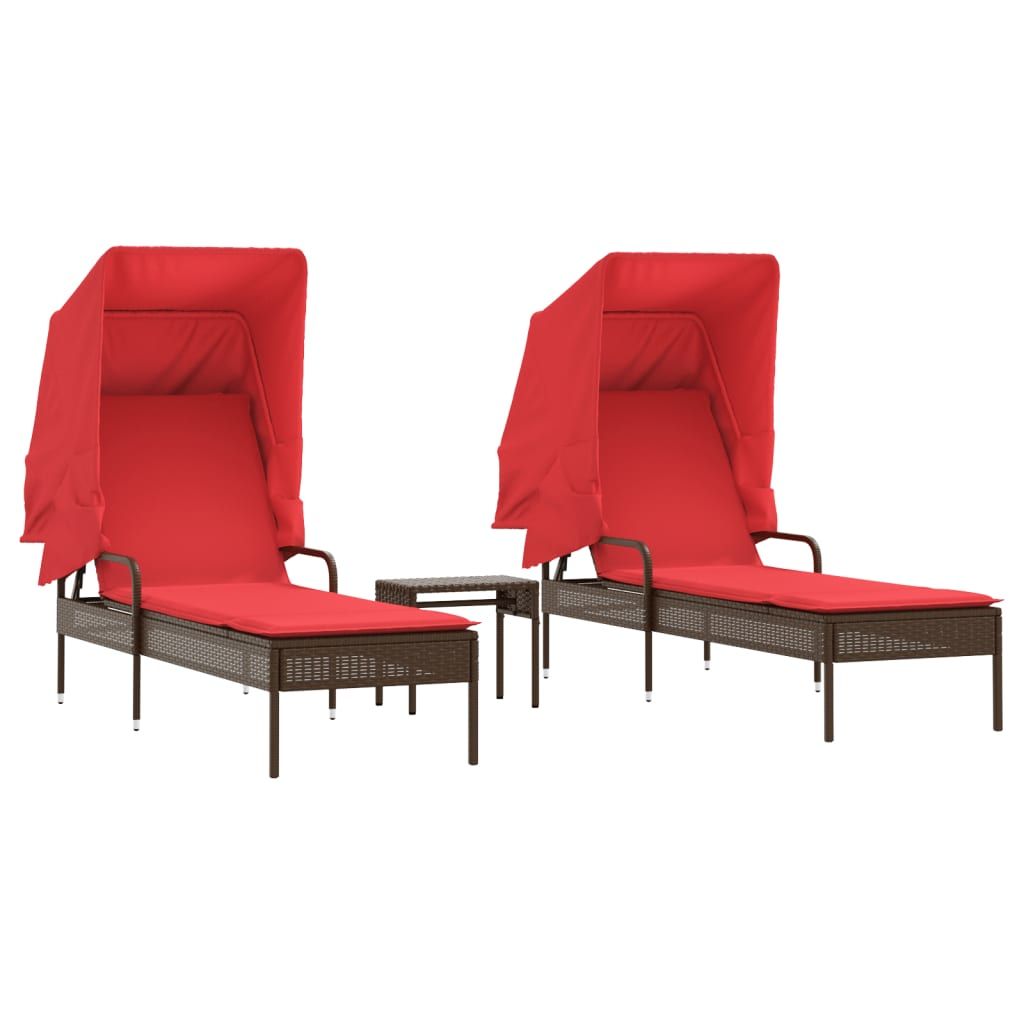 vidaXL Sun Loungers 2 pcs with Canopies and Table Brown Poly Rattan