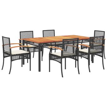 vidaXL 7 Piece Patio Dining Set with Cushions Black Poly Rattan
