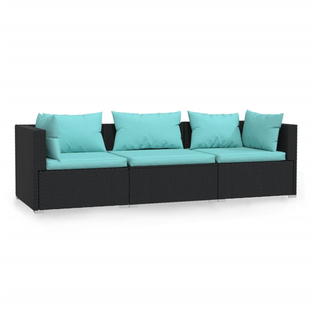 vidaXL Wicker Patio Furniture 3 Piece with Cushions Black Poly Rattan