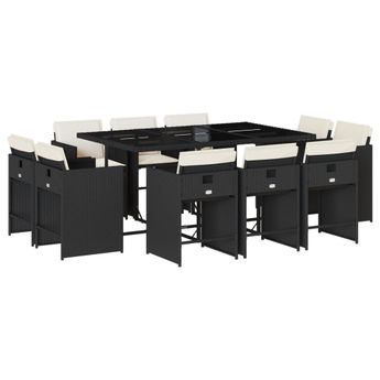 vidaXL 11 Piece Patio Dining Set with Cushions Black Poly Rattan