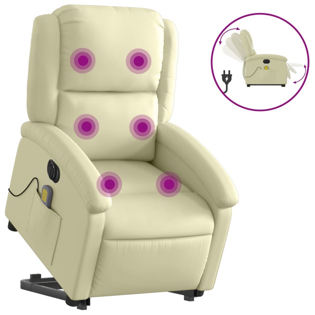 vidaXL Electric Stand up Massage Recliner Chair Cream Real Leather