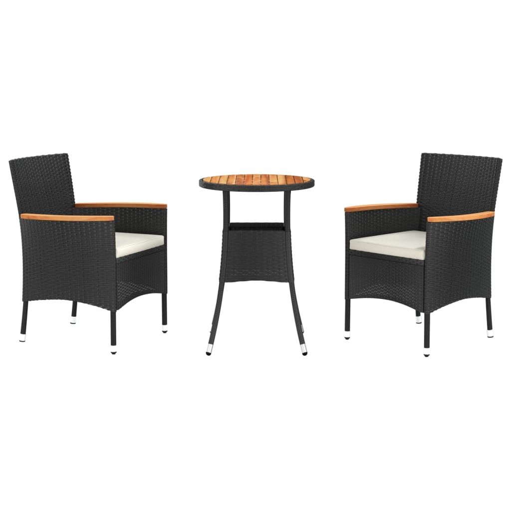 vidaXL 3 Piece Garden Bistro Set with Cushions Black Poly Rattan