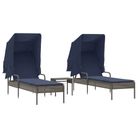 vidaXL Sun Loungers 2 pcs with Canopies and Table Gray Poly Rattan