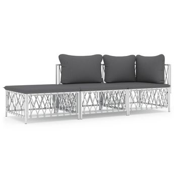 vidaXL 3 Piece Patio Lounge Set with Cushions White Steel