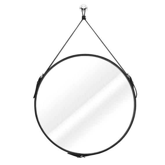 Black round mirror with leather handle ESHA Mirror diameter: 40 cm