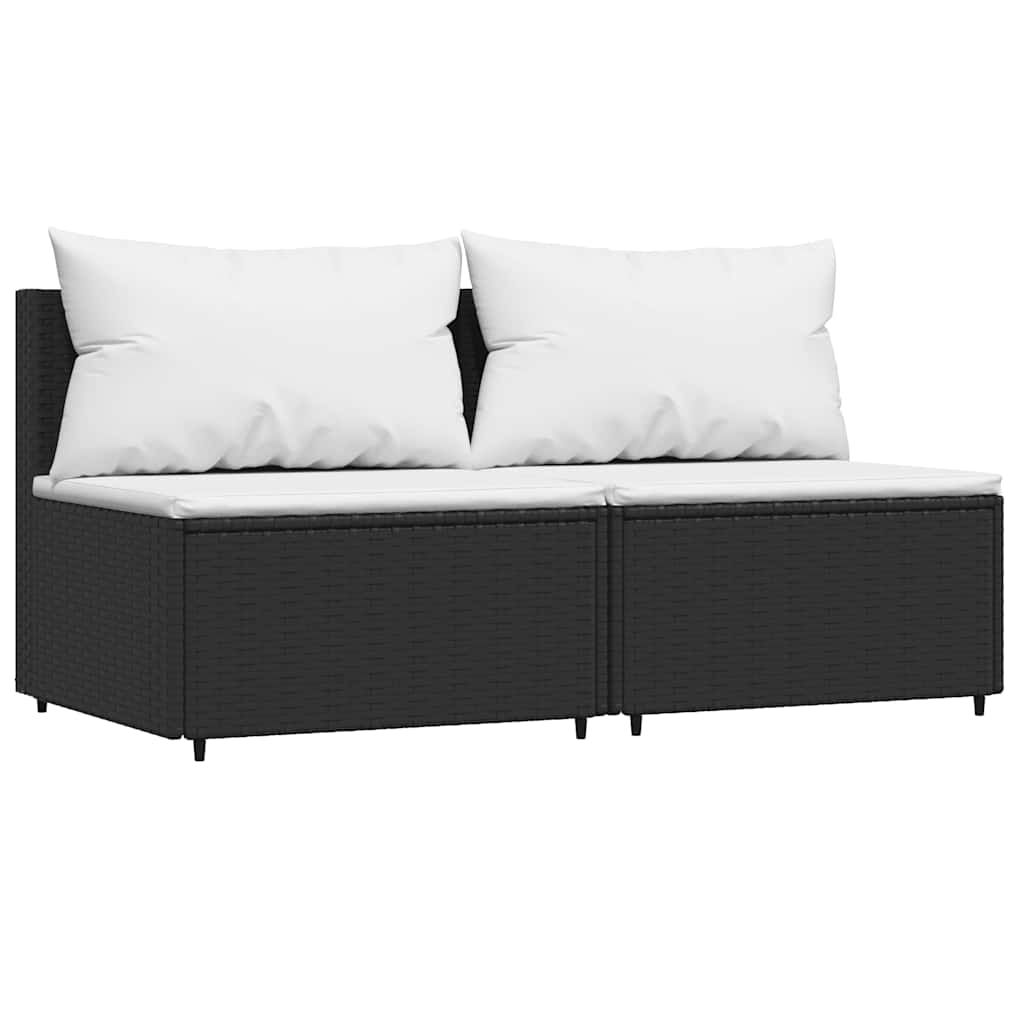 vidaXL Garden Middle Sofas with Cushions 2 pcs Black Poly Rattan