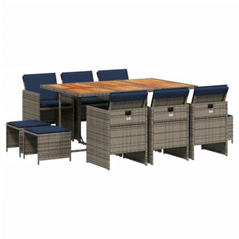 vidaXL 11 Piece Garden Dining Set with Cushions Grey Poly Rattan
