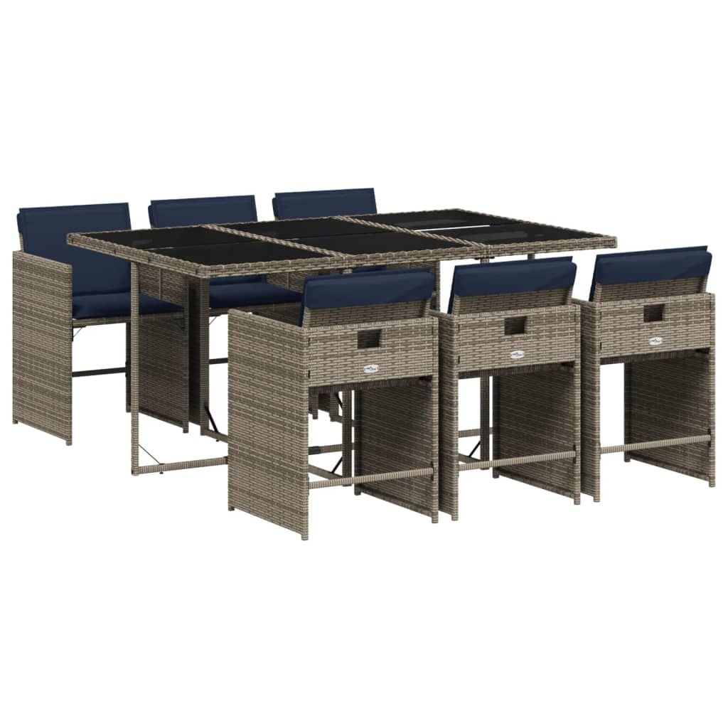 vidaXL 7 Piece Garden Dining Set with Cushions Grey Poly Rattan