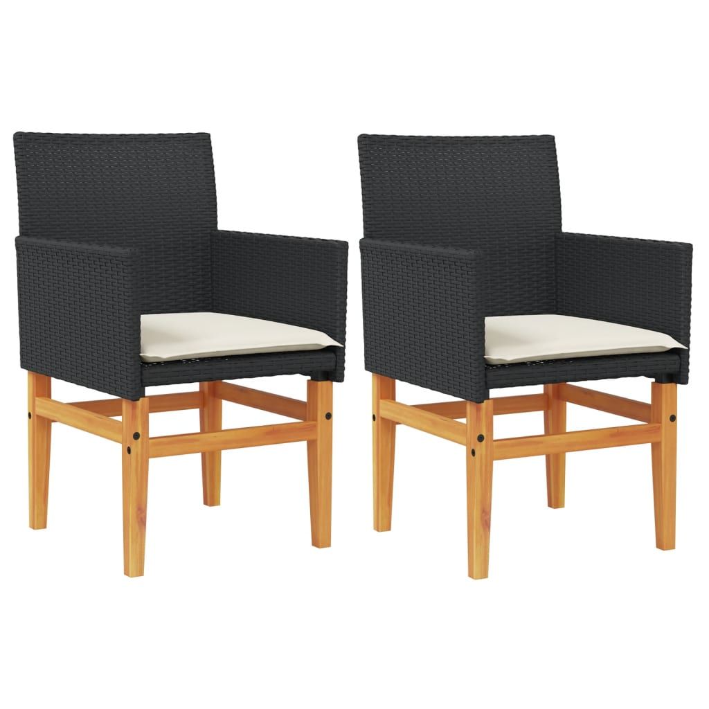 vidaXL Patio Chairs with Cushions 2 pcs Black Poly Rattan&Solid Wood