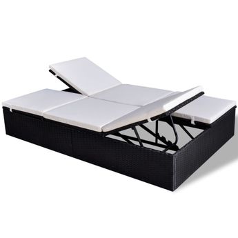 vidaXL Double Sun Lounger with Cushion Poly Rattan Black